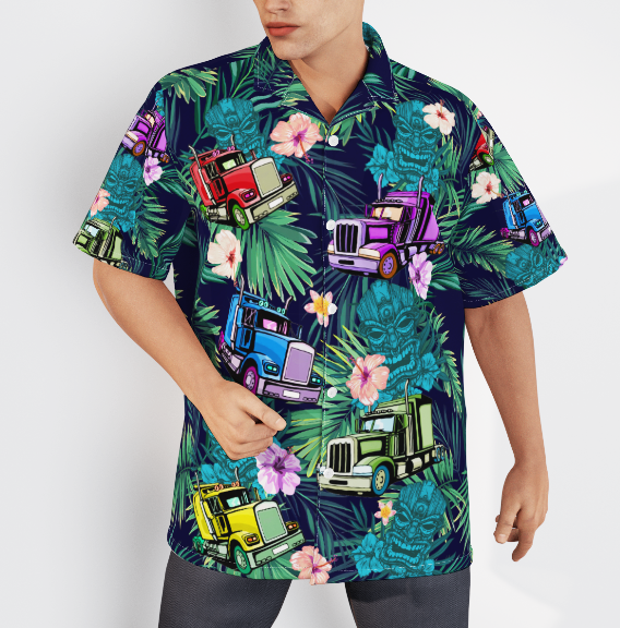 Car Semi Trailer Truck Tiki Tropical Green Aloha Hawaiian Shirts For Men And For Women WT9135