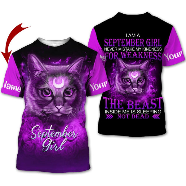 Cat September Girl Custom Name T Shirt For Men & Women