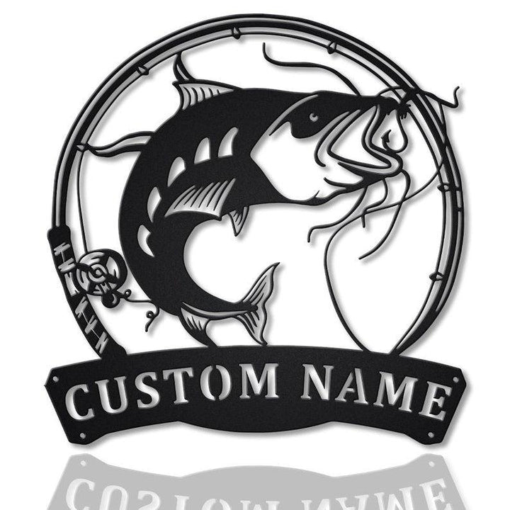 Catfish Fishing Fish Pole Custom Cut Metal Sign | MN1044-Black-Gerbera Prints.