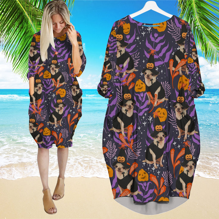 Chihuahua Halloween Pumkins Tropical Long Sleeve Midi Dress | MD1101