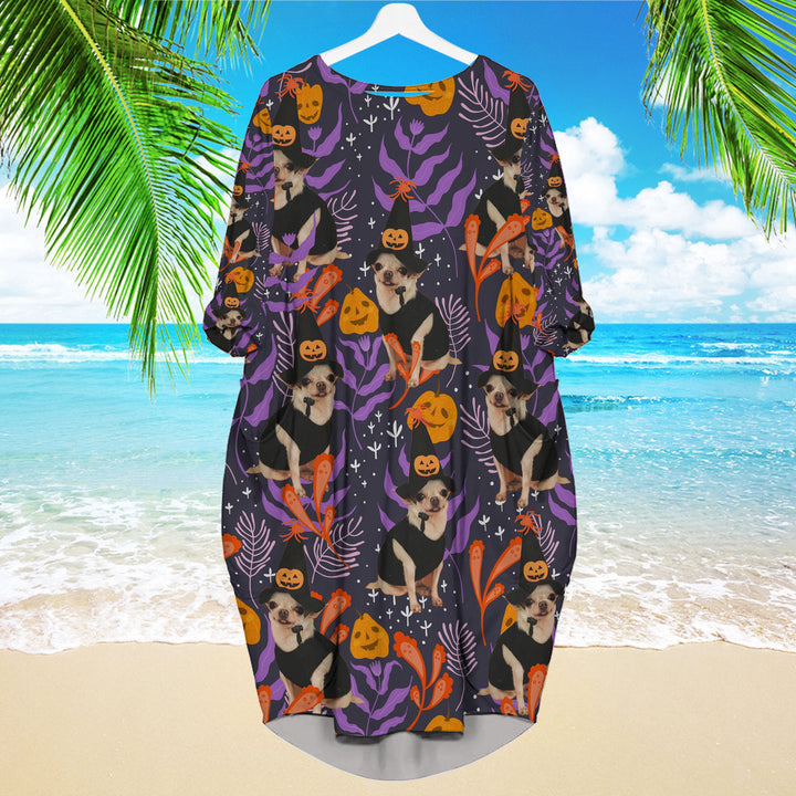 Chihuahua Halloween Pumkins Tropical Long Sleeve Midi Dress | MD1101