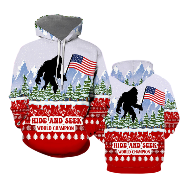 Christmas Bigfoot Into The Forest USA Flag Hoodie All Over Print For Men & Women HP1252