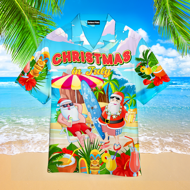 Christmas In July Funny Surfing Santa Clause Tropical Style Aloha Hawaiian Shirts For Men & For Women WT9229-Colorful-Gerbera Prints.