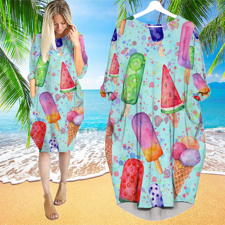 Color Ice Cream Cone Pattern Long Sleeve Midi Dress | MD1200