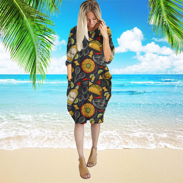 Colorful Amazing Mexican Food Long Sleeve Midi Dress | MD1253