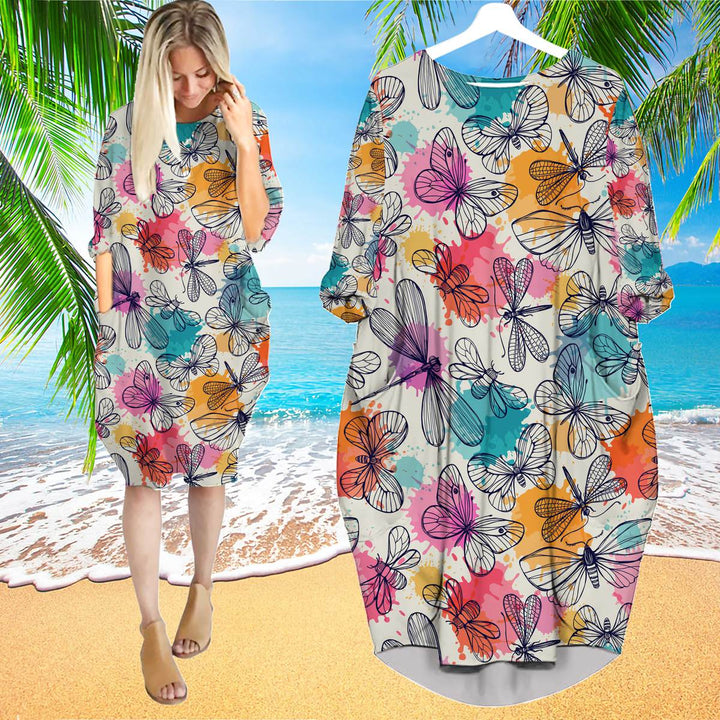 Colorful Butterflies Aloha Long Sleeve Midi Dress | MD1472