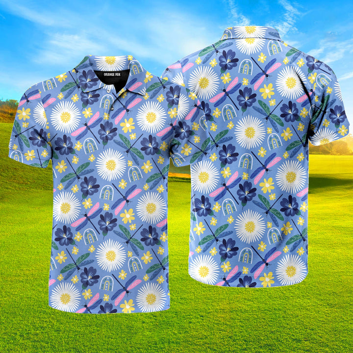 Colorful Dragonflies Rainbows And Flowers Polo Shirt For Men