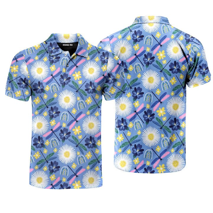 Colorful Dragonflies Rainbows And Flowers Polo Shirt For Men