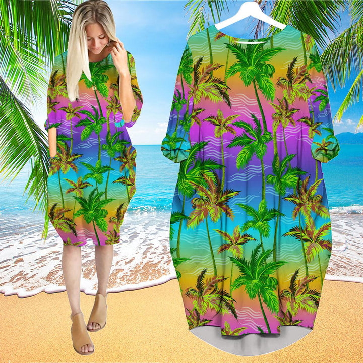 Colorful Palm Trees Tropical Long Sleeve Midi Dress | MD1192