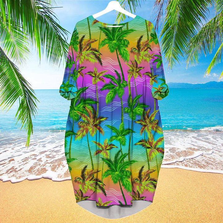 Colorful Palm Trees Tropical Long Sleeve Midi Dress | MD1192