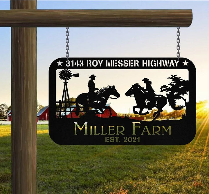 Couple Horse Rider Outdoor Farmhouse Decor Custom Name Laser Cut Metal Sign