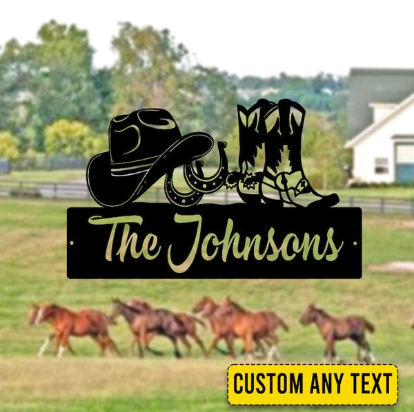 Cowboy Boots Horseshoe Farm Address Sign Custom Name Laser Cut Metal Signs MN1848