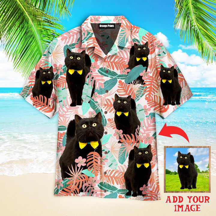 Custom Cat On Pink Tropical Leaves Custom Photo Aloha Hawaiian Shirts For Men & Women