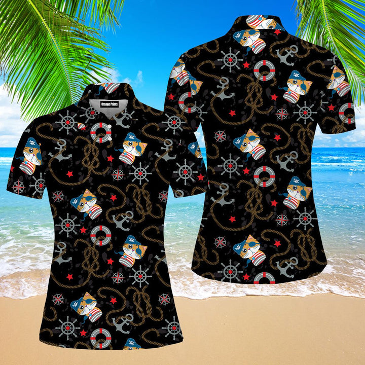 Cute Pirate Cat Polo Shirt For Women