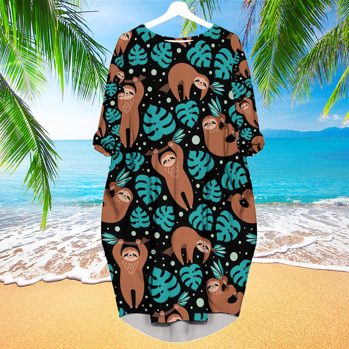 Cute Sloth On Tropical Forest Long Sleeve Midi Dress | MD1389