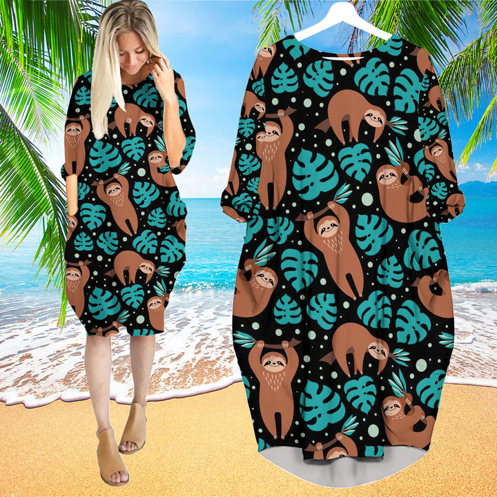 Cute Sloth On Tropical Forest Long Sleeve Midi Dress | MD1389