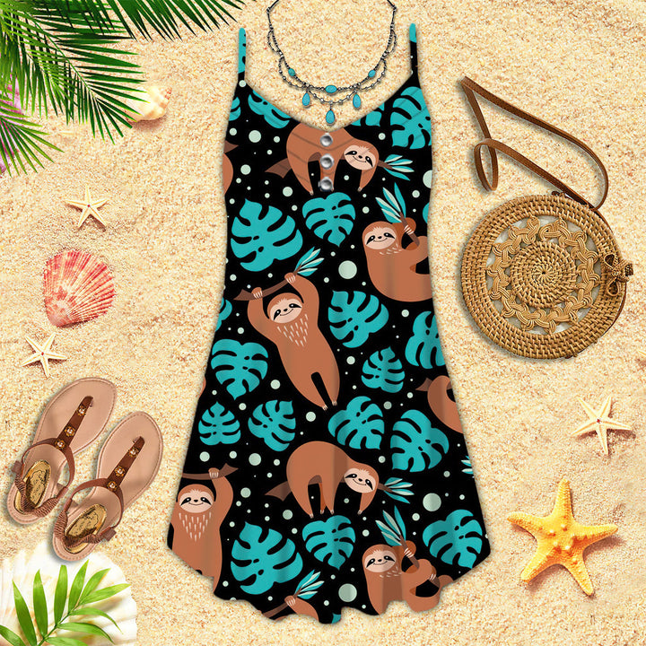 Cute Sloth On Tropical Forest Spaghetti Strap Summer Dress | SD1389