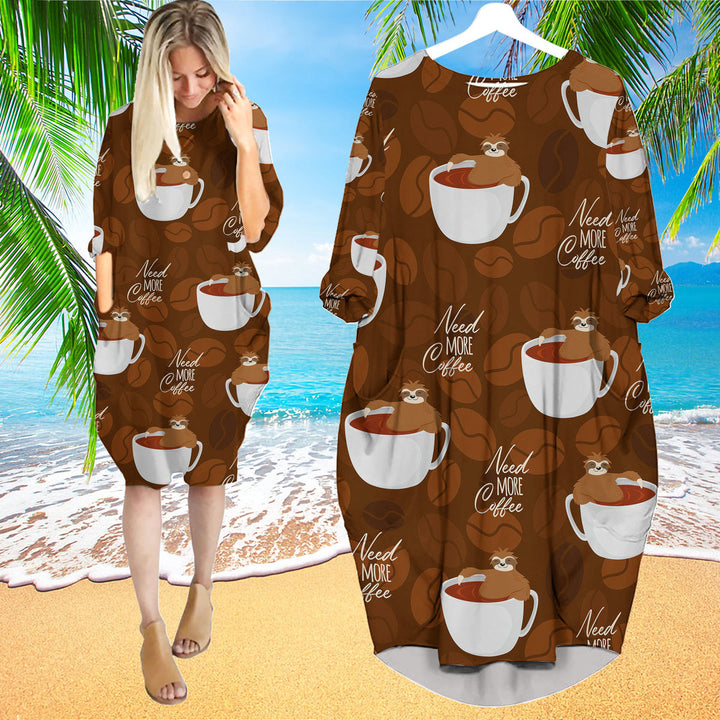 Cute Sloths Bear Relaxing In Coffee Cup On Dark Chocolate Long Sleeve Midi Dress | MD1500