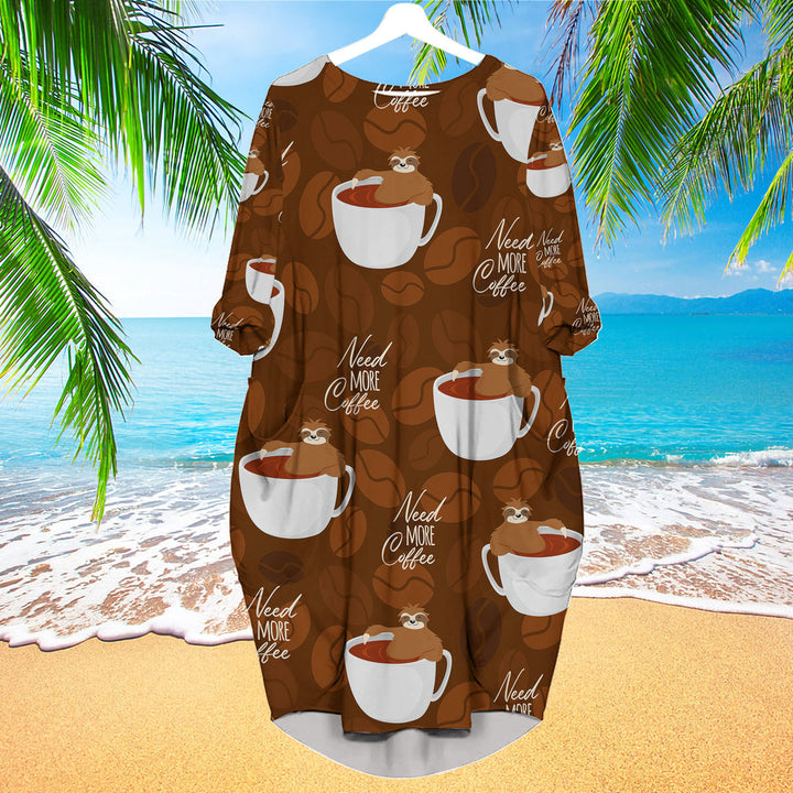 Cute Sloths Bear Relaxing In Coffee Cup On Dark Chocolate Long Sleeve Midi Dress | MD1500