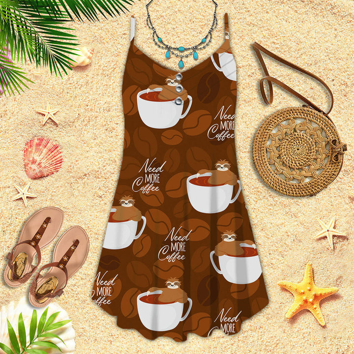 Cute Sloths Bear Relaxing In Coffee Cup On Dark Chocolate Spaghetti Strap Summer Dress | SD1500