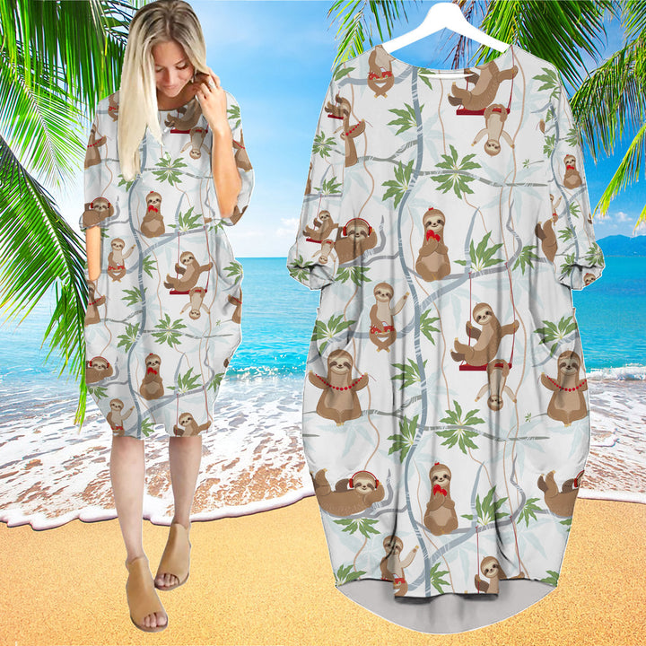 Cute Sloths Having Fun On The Trees Long Sleeve Midi Dress | MD1502