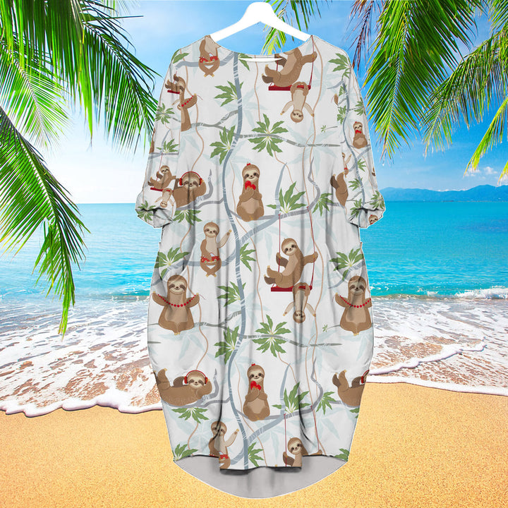 Cute Sloths Having Fun On The Trees Long Sleeve Midi Dress | MD1502