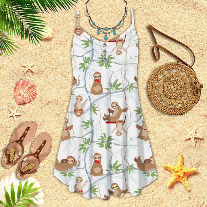 Cute Sloths Having Fun On The Trees Spaghetti Strap Summer Dress | SD1502