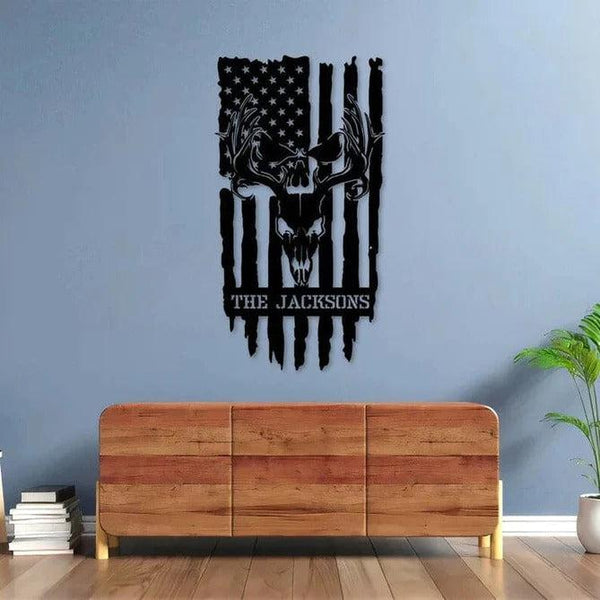 Deer Skull With US Flag Custom Cut Metal Sign | MN1511-Black-Gerbera Prints.