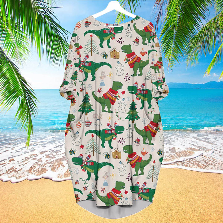 Dinosaur Rex Christmas In July Long Sleeve Midi Dress | MD1639