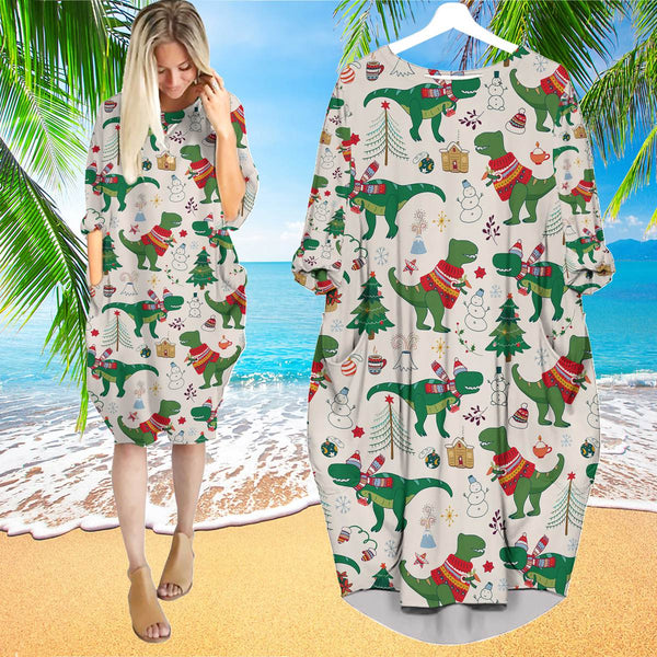 Dinosaur Rex Christmas In July Long Sleeve Midi Dress | MD1639