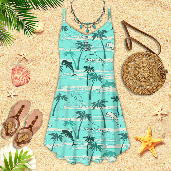 Dolphins Palm Trees Summer Spaghetti Strap Summer Dress | SD1225