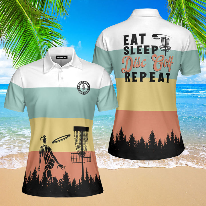 Eat Sleep Disc Golf Repeat - Gift for Disc Golf Lovers - Colorful Vintage Polo Shirt For Women