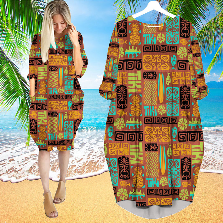 Exotic Tiki Pattern Long Sleeve Midi Dress | MD1241