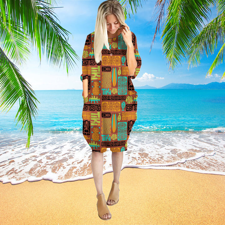 Exotic Tiki Pattern Long Sleeve Midi Dress | MD1241