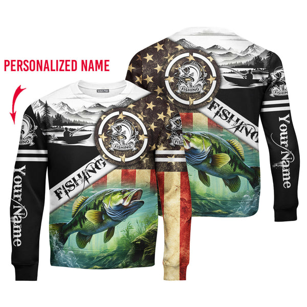 Bass Fishing Vintage American Flag Custom Name Crewneck Sweatshirt For Men & Women FCN1271