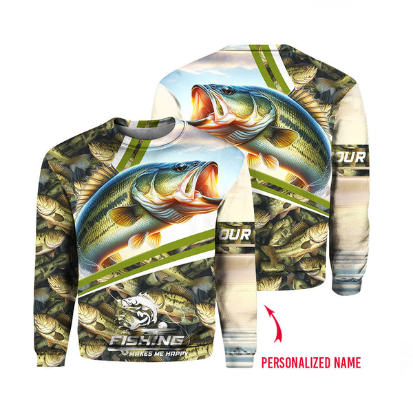 Bass Fishing Makes Me Happy Custom Name Crewneck Sweatshirt For Men & Women FCN1274