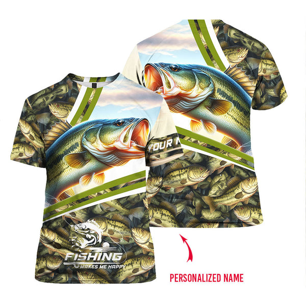 Bass Fishing Makes Me Happy Custom Name T Shirt For Men & Women FCN1274