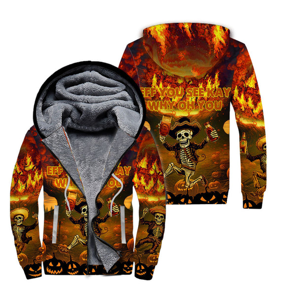 Why Oh You Pumpkin Halloween Skeleton Pumpkin Fleece Zip Hoodie