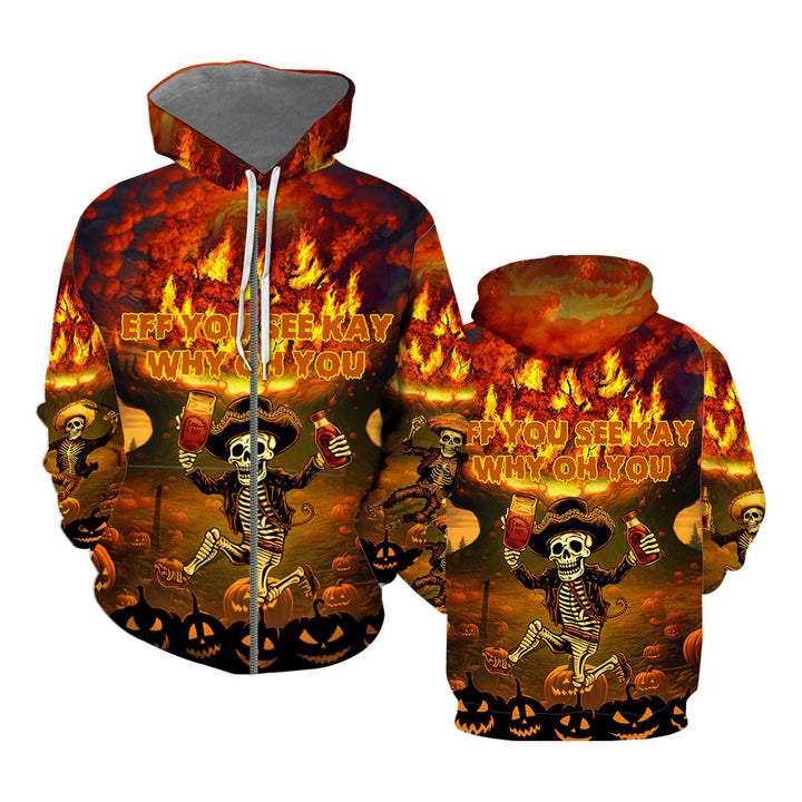 Why Oh You Pumpkin Halloween Skeleton Pumpkin Zip Up Hoodie
