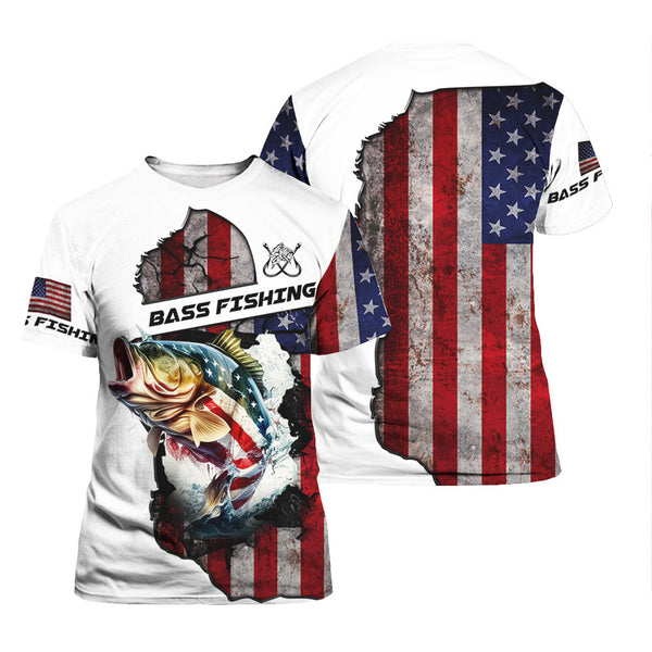 American Flag Largemouth Bass Patriotic Fishing T Shirt FHT1279