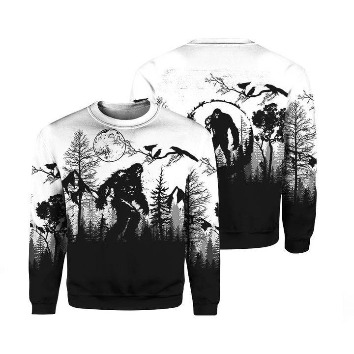 Bigfoot Sasquatch In Forest Black White Crewneck Sweatshirt