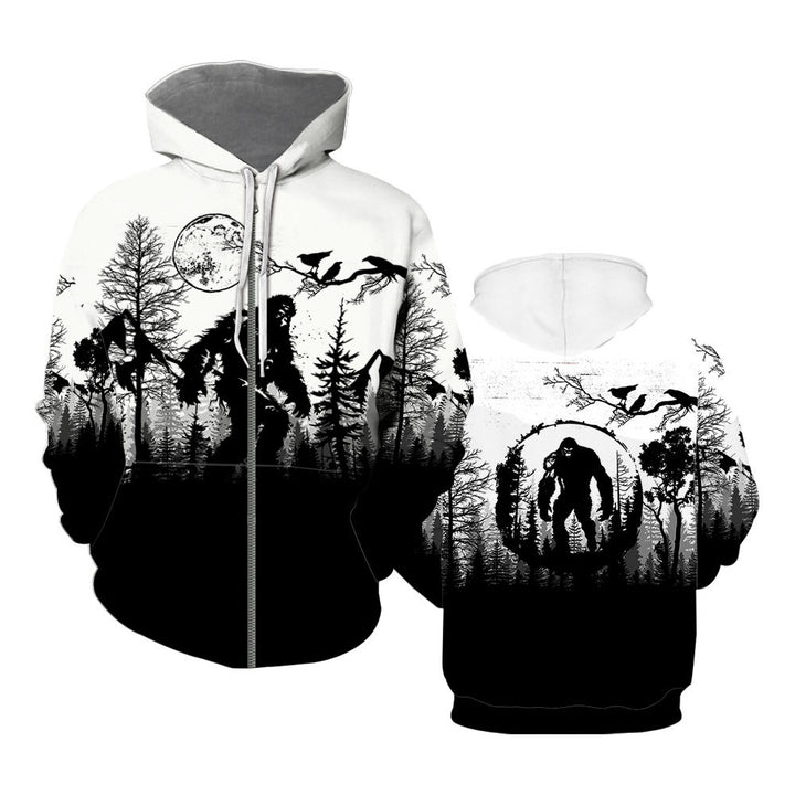 Bigfoot Sasquatch In Forest Black White Zip Up Hoodie