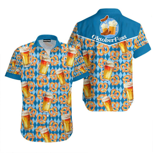Oktoberfest Beer Pretzels Blue Checkered Hawaiian Shirt 