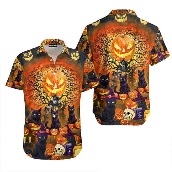 Halloween Black Witch Cat Pumpkin Hawaiian Shirt 