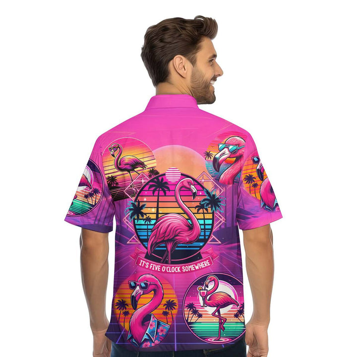 Pink Flamingo It's Five O'clock Somewhere Retro Neon Hawaiian Shirt