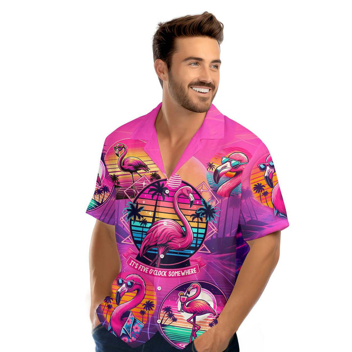 Pink Flamingo It's Five O'clock Somewhere Retro Neon Hawaiian Shirt