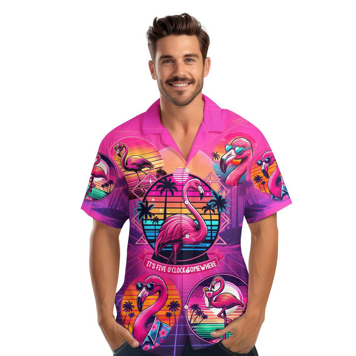 Pink Flamingo It's Five O'clock Somewhere Retro Neon Hawaiian Shirt