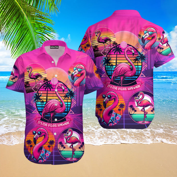 Pink Flamingo It's Five O'clock Somewhere Retro Neon Hawaiian Shirt