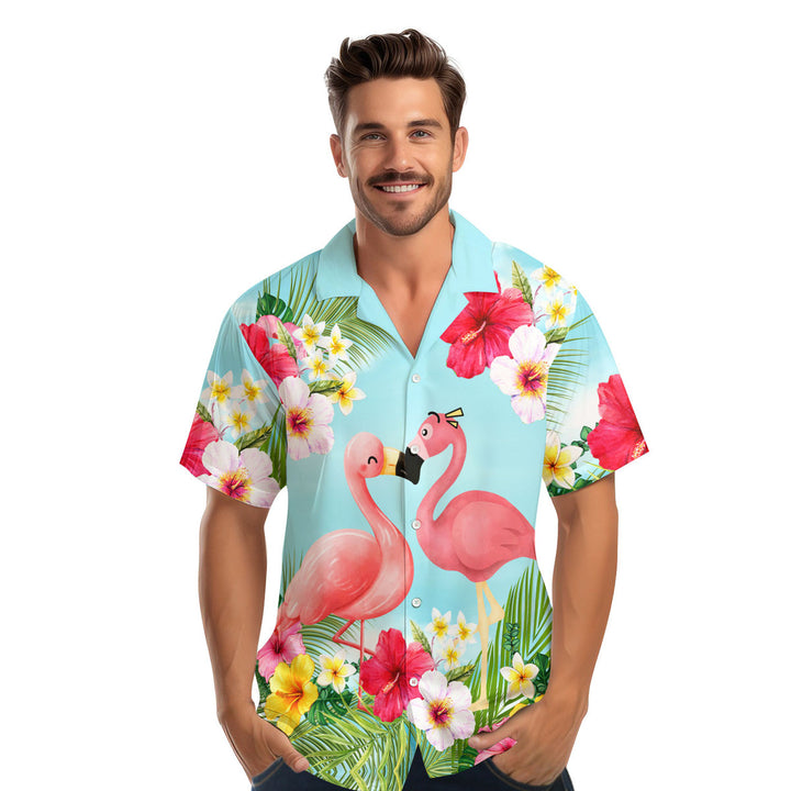 Couple Flamingo Tropical Pink Blue Hawaiian Shirt