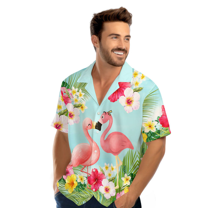 Couple Flamingo Tropical Pink Blue Hawaiian Shirt